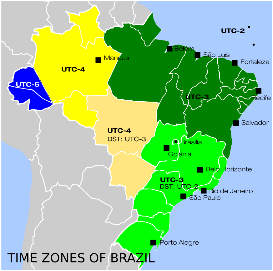 Mapa do Brasil colorido pelos quatro fusos horários, de UTC-2 a UTC-5, com as capitais marcadas.